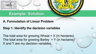 Example: Solution
Back to
Topics
A. Formulation of Linear Problem
Step 1: Identify the decision variables
The total area for growing Wheat = X (in hectares)
The total area for growing Barley = Y (in hectares)
X and Y are my decision variables.
 