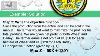 Example: Solution
Back to
Topics
Step 2: Write the objective function
Since the production from the entire land can be sold in the
market. The farmer would want to maximize the profit for his
total produce. We are given net profit for both Wheat and
Barley. The farmer earns a net profit of US$50 for each
hectare of Wheat and US$120 for each Barley.
Our objective function (given by Z) is,
Max Z = 50X + 120Y
 