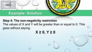 Example: Solution
Back to
Topics
Step 4: The non-negativity restriction
The values of X and Y will be greater than or equal to 0. This
goes without saying.
X ≥ 0, Y ≥ 0
 