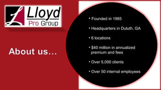 Founded in 1985 Headquarters in Duluth, GA 6 locations $40 million in annualized premium and fees Over 5,000 clients Over 50 internal employees 