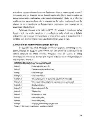 18
από κάποια προσωπική παρατήρηση που θα κάνουμε, όπως τα χαρακτηριστικά καπνού ή
της φλόγας, από την όσφρησή μας σε διαρροές αερίων κλπ. Πάντα όμως θα πρέπει να
έχουμε υπόψη μας ότι εφόσον δεν υπάρχει καμία πληροφορία ή ένδειξη για το είδος του
συμβάντος που αντιμετωπίζουμε τότε οι ενέργειές μας θα πρέπει να είναι αυτές που θα
κάναμε για την αντιμετώπιση της δυσμενέστερης περίπτωσης, που εγκυμονεί και το
μεγαλύτερο πιθανό κίνδυνο.
Αντίστοιχα σύμφωνα με το πρότυπο NFPA 704 υπάρχει η πινακίδα σε σχήμα
διαμάντι από την οποία προκύπτει η επικινδυνότητα ενός υλικού και ο βαθμός
σοβαρότητας σε ότι αφορά τέσσερις τομείς οι οποίοι είναι η υγεία, η αναφλεξιμότητα, η
αστάθεια και η δραστικότητα και τέλος η αντιδραστικότητα ή μη με το νερό.
3.2 ΤΑΞΙΝΟΜΗΣΗ ΚΙΝΔΥΝΟΥ ΕΠΙΚΙΝΔΥΝΩΝ ΦΟΡΤΙΩΝ
Στο εγχειρίδιο του Α.Π.Σ. Μεταφορά επικίνδυνων φορτίων, ο Μπάλσης και συν.
(2010), αναφέρει ότι σύμφωνα με τη συνθήκη ADR κάθε επικίνδυνο υλικό διακρίνεται σε
κάποια κατηγορία και κλάση κινδύνου. Υπάρχουν εννιά (9) κλάσεις οι οποίες
υποδιαιρούνται συνολικά σε δεκατρία (13) τμήματα κινδύνου και οι οποίες αναφέρονται
στον παρακάτω πίνακα 2:
ΚΑΤΑΤΑΞΗ ΕΠΙΚΙΝΔΥΝΩΝ ΥΛΙΚΩΝ ΚΑΤΑ ADR
Κλάση 1 Εκρηκτικές ύλες και είδη
Κλάση 2 Εύφλεκτα αέρια-αναθυμιάσεις
Κλάση 3 Εύφλεκτα υγρά
Κλάση 4.1 Εύφλεκτα στερεά
Κλάση 4.2 Ύλες υποκείμενες σε αυτόματο ή αυτογενή ανάφλεξη
Κλάση 4.3 Ύλες που βγάζουν εύφλεκτα αέρια σε επαφή με το νερό
Κλάση 5.1 Οξειδωτικές ύλες
Κλάση 5.2 Οργανικά υπεροξείδια
Κλάση 6.1 Τοξικές ύλες
Κλάση 6.2 Μολυσματικές ύλες
Κλάση 7 Ραδιενεργές ύλες
Κλάση 8 Διαβρωτικές ύλες
Κλάση 9 Διάφορες επικίνδυνες ύλες και είδη
Πίνακας 2: Κατάταξη επικίνδυνων υλικών κατά ADR.
 