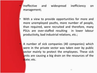 • Ineffective and widespread inefficiency on 
management; 
• With a view to provide opportunities for more and 
more unemployed youths, more number of people, 
than required, were recruited and therefore, many 
PSUs are over-staffed resulting in lower labour 
productivity, bad industrial relations, etc.; 
• A number of sick companies (40 companies) which 
were in the private sector was taken over by public 
sector mainly to protect the employees. These sick 
units are causing a big drain on the resources of the 
state; etc. 
11 
 