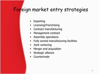 Foreign market entry strategies 
 Exporting 
 Licensing/Franchising 
 Contract manufacturing 
 Management contract 
 Assembly operations 
 Fully owned manufacturing facilities 
 Joint venturing 
 Merger and acquisition 
 Strategic alliance 
 Countertrade 
20 
 