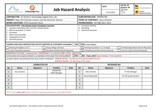 Job Hazard Analysis No 02 – LPG Chloride treaters foundation execution.Rev.00 Page 1 of 6
Job Hazard Analysis
DATE:
JHA No: 02
Revision: 00
PTW
IC
v
Eni Angola Exploration B.V.
17/11/2022
CONTRACTOR: KT-Kinetics Technology Angola (SU), Lda SUBCONTRACTOR: PROMETIM
PROJECT: New LPG Chloride treaters and De-Ethanizer Section POINT OF CONTRACT: Jesus António
WORK LOCATION: ST03 Excavation Area PHONE/RADIO: 923 886 661/ 2652
JOB DESCRIPTION: LPG Chloride treaters foundation execution
1. Pavement demolition with concrete cutting machine
2. Manual excavation (1 meter)
3. Formwork
4. Rebar frame assembly
5. Topographical Survey
6. Concrete pouring
7. Formwork removal
8. Backfilling
9. Pavement execution
PLANNED HIGH RISK CONSTRUCTION ACTIVITY (METHOD OF STATEMENT AVAILABLE) NO YES (mark below):
Working At Heights (>2 m) Heavy Lifting (>20 tons) Entering Excavation (>1.2 m Deep) Confined Space Work (Permit Required)
Using A Hazardous Substance Hot Work Activity (Permit Required) Grating Removal Work (Permit Required) Lock-Out-Tag-Out (Permit Required)
EMERGENCY ACTION: Communicate “EMERGENCY” on channel 1989 / 2150 - 2652/2550
In the event of an injury incident, is a member of the team First Aid Qualified? YES NO If yes, who? Jesus António / Yuri Casimiro
Location where injured personnel may receive treatment: MINOR INJURY: On-Site by First Aid Qualified Person
SERIOUS INJURY: KT Site Clinic (TCF Area)
COMPLETED BY: REVIEWED BY:
No Name Signature Position Date No Name Signature Position Date
1 Jesus António
PROMETIM
QHSE Manager
1 Hélio Chaínho KT HSE Manager
2 2 Daniel Mpembele KT HSE Superintendent
3 3
4 4
5 5
(NOTE: Work SHALL NOT begins until JHA is signed and dated by an HSE staff member).
 