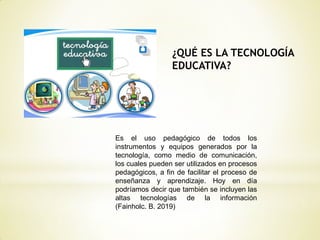 ¿QUÉ ES LA TECNOLOGÍA
EDUCATIVA?
Es el uso pedagógico de todos los
instrumentos y equipos generados por la
tecnología, como medio de comunicación,
los cuales pueden ser utilizados en procesos
pedagógicos, a fin de facilitar el proceso de
enseñanza y aprendizaje. Hoy en día
podríamos decir que también se incluyen las
altas tecnologías de la información
(Fainholc. B. 2019)
 