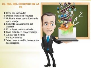  Debe ser innovador
 Diseña y gestiona recursos
 Utiliza el error como fuente de
aprendizaje
 Fomenta la autonomía del
alumno
 El profesor como mediador
 Pone énfasis en el aprendizaje
 Aplicar los medios
didácticamente
 Selecciona y evalúa los recursos
tecnológicos
 
