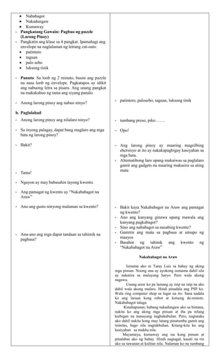 • Nababagot
• Nakadungaw
• Kumaway
- Pangkatang Gawain: Pagbuo ng puzzle
(Larong Pinoy)
- Pangkatin ang klase sa 4 pangkat. Ipamahagi ang
envelope na naglalaman ng letrang cut-outs:
• patintero
• taguan
• palo sebo
• luksong tinik
- Panuto: Sa loob ng 2 minuto, buuin ang puzzle
na nasa loob ng envelope. Pagkatapos ay idikit
ang nabuong letra sa pisara. Ang unang pangkat
na makakabuo ng tama ang siyang panalo.
- Anong larong pinoy ang nabuo ninyo?
b. Paglalahad
- Anong larong pinoy ang nilalaro ninyo?
- Sa inyong palagay, dapat bang maglaro ang mga
bata ng larong pinoy?
- Bakit?
- Tama!
- Ngayon ay may babasahin tayong kwento.
- Ang pamagat ng kwento ay “Nakababagot na
Araw”
- Ano ang gusto ninyong malaman sa kwento?
- Anu-ano ang mga dapat tandaan sa tahimik na
pagbasa?
- patintero, palosebo, taguan, luksong tinik
- tumbang preso, piko…….
- Opo!
- Ang larong pinoy ay maaring magsilbing
ehersisyo at ito ay nakakapagbigay kasiyahan sa
mga bata.
- Alternatibong laro upang makaiwas sa paglalaro
gamit ang gadgets na maaring makasira sa ating
mata
- Bakit kaya Nakababagot na Araw ang pamagat
ng kwento?
- Ano ang kanyang ginawa upang mawala ang
kanyang pagkabagot?
- Sino ang nababagot sa nasabing kwento?
- Gamitin ang mata sa pagbasa at umupo ng
maayos
- Basahin ng tahimk ang kwento ng
“Nakababagot na Araw”
Nakababagot na Araw
Isinama ako ni Tatay Luis sa bahay ng aking
mga pinsan. Noong una ay ayokong sumama dahil sila
ay nakatira sa malayong baryo. Pero wala akong
nagawa.
Unang araw ko pa lamang ay inip na inip na ako
dahil wala akong malaro. Hindi pinadala ang PSP ko.
Wala ring computer shop sa lugar na ito. Sana nadala
ko ang laruan kong robot at kotseng de-remote.
Nakababagot talaga.
Kinahapunan, habang nakadungaw ako sa bintana,
nakita ko ang aking mga pinsan at iba pa nilang
kaibigan na masayang naghahabulan. Pero, nagtataka
ako dahil nakita kong may latang pinatumba gamit ang
tsinelas, bago sila nagtakbuhan. Kitang-kita ko ang
kasiyahan sa mukha nila.
Mayamaya, kumaway ang isa kong pinsan at
pinalabas ako ng bahay. Hindi nagtagal, kasali na rin
ako sa tawanan at kulitan nila. Nalaman ko na tumbang
 