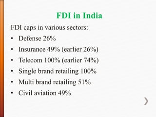FDI in India
FDI caps in various sectors:
• Defense 26%
• Insurance 49% (earlier 26%)
• Telecom 100% (earlier 74%)
• Single brand retailing 100%
• Multi brand retailing 51%
• Civil aviation 49%
 
