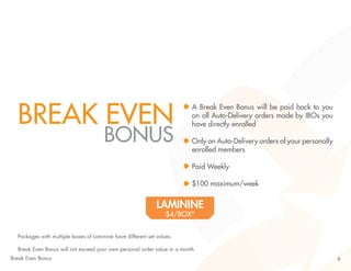 BREAK EVEN 
BONUS 
A Break Even Bonus will be paid back to you 
on all Auto-Delivery orders made by IBOs you 
have directly enrolled 
Only on Auto-Delivery orders of your personally 
enrolled members 
Paid Weekly 
$100 maximum/week 
LAMININE 
$4/BOX* 
Packages with multiple boxes of Laminine have different set values. 
Break Even Bonus will not exceed your own personal order value in a month 
Break Even Bonus 6 
 