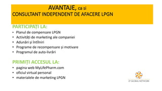 AVANTAJE, ca si
CONSULTANT INDEPENDENT DE AFACERE LPGN
PARTICIPAȚI LA:
• Planul de compensare LPGN
• Activități de marketing ale companiei
• Adunări și întîlniri
• Programe de recompensare și motivare
• Programul de auto-livrări
PRIMIȚI ACCESUL LA:
• pagina web MyLifePharm.com
• oficiul virtual personal
• materialele de marketing LPGN
 