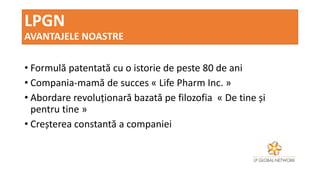LPGN
AVANTAJELE NOASTRE
• Formulă patentată cu o istorie de peste 80 de ani
• Compania-mamă de succes « Life Pharm Inc. »
• Abordare revoluționară bazată pe filozofia « De tine și
pentru tine »
• Creșterea constantă a companiei
 
