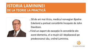ISTORIA LAMININEI
DE LA TEORIE LA PRACTICĂ
. 50 de ani mai tîrziu, medicul norvegian Bjodne
Eskeland a preluat cercetările începute de John
Davidson.
. Fiind un expert de excepție în cercetările din
acest domeniu, el a reușit să-l depășească pe
predecesorul său, creînd Laminina.
 