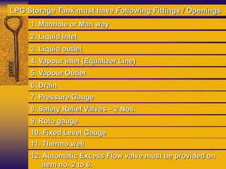 1. Manhole or Man way
2. Liquid Inlet
3. Liquid outlet
4. Vapour inlet (Equalizer Line)
5. Vapour Outlet
6. Drain
7. Pressure Gauge
8. Safety Relief Valves – 2 Nos.
9. Roto gauge
LPG Storage Tank must have Following Fittings / Openings
10. Fixed Level Gauge
11. Thermo well
12. Automatic Excess Flow valve must be provided on
item no. 2 to 6.
 