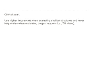 Clinical pearl.
Use higher frequencies when evaluating shallow structures and lower
frequencies when evaluating deep structures (i.e., TG views).
 