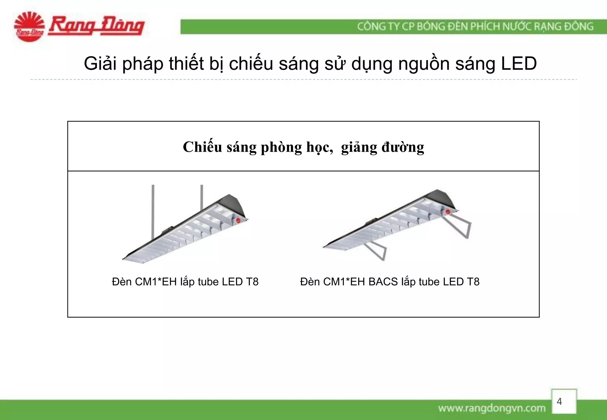 Chiếu sáng phòng học, giảng đường
Giải pháp thiết bị chiếu sáng sử dụng nguồn sáng LED
Đèn CM1*EH lắp tube LED T8 Đèn CM1*EH BACS lắp tube LED T8
4
 