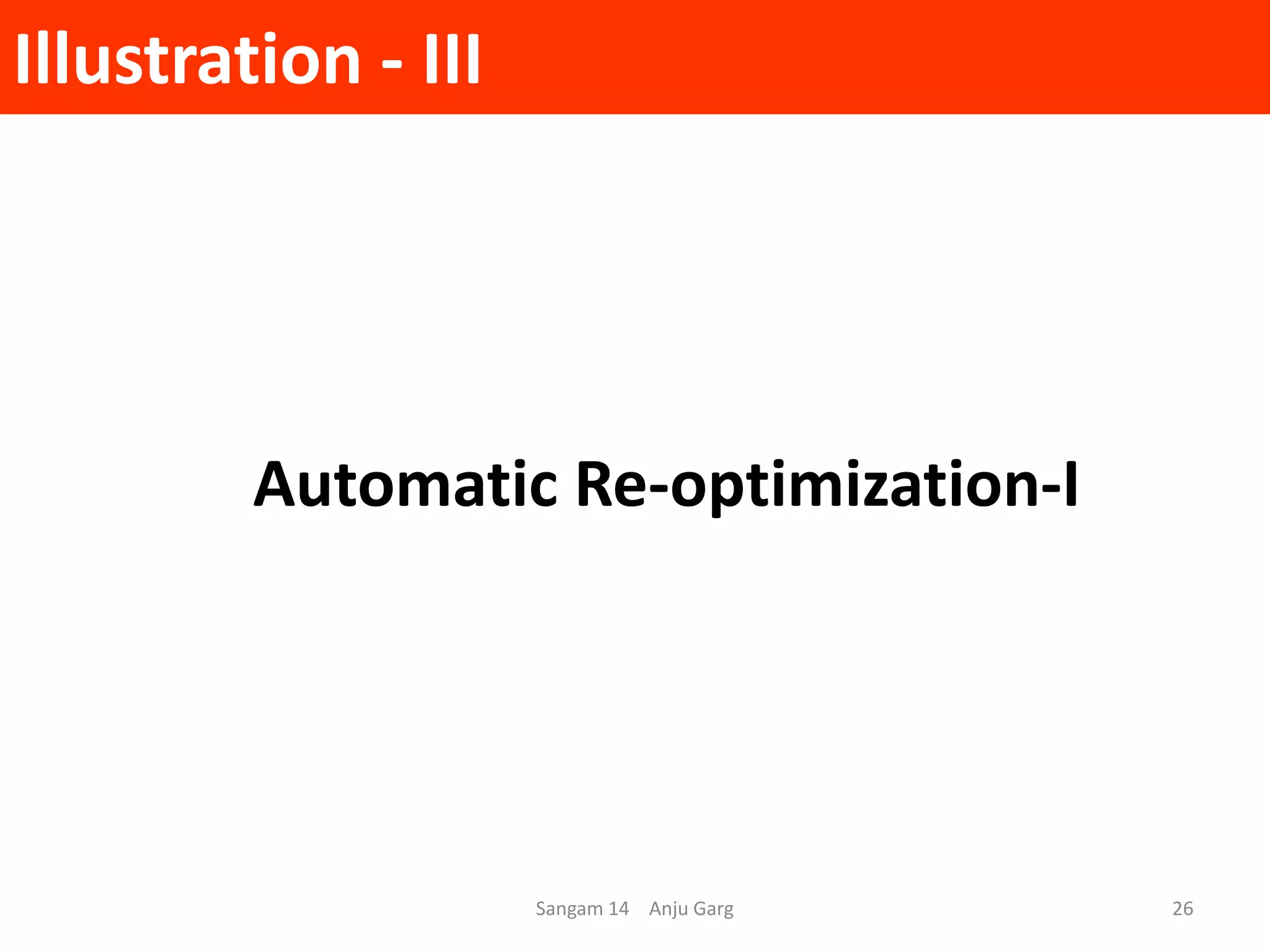Illustration - III
Automatic Re-optimization-I
Sangam 14 Anju Garg 26
 