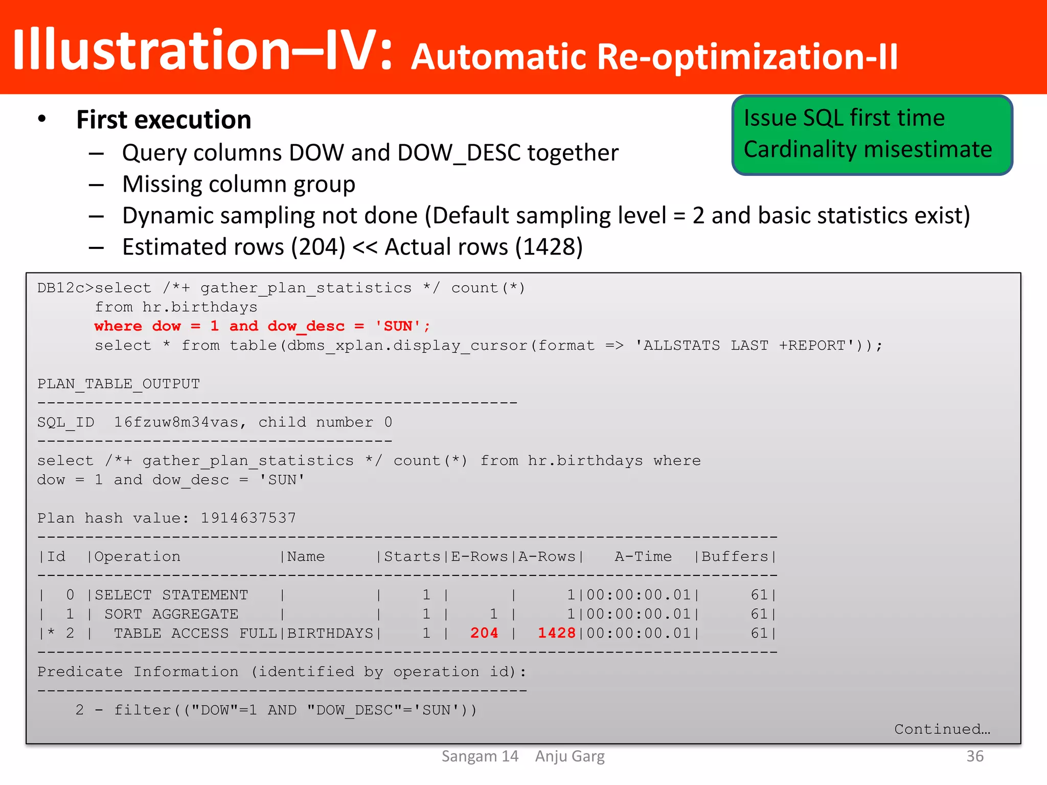 Illustration–IV: Automatic Re-optimization-II
• First execution
– Query columns DOW and DOW_DESC together
– Missing column group
– Dynamic sampling not done (Default sampling level = 2 and basic statistics exist)
– Estimated rows (204) << Actual rows (1428)
DB12c>select /*+ gather_plan_statistics */ count(*)
from hr.birthdays
where dow = 1 and dow_desc = 'SUN';
select * from table(dbms_xplan.display_cursor(format => 'ALLSTATS LAST +REPORT'));
PLAN_TABLE_OUTPUT
--------------------------------------------------
SQL_ID 16fzuw8m34vas, child number 0
-------------------------------------
select /*+ gather_plan_statistics */ count(*) from hr.birthdays where
dow = 1 and dow_desc = 'SUN'
Plan hash value: 1914637537
-----------------------------------------------------------------------------
|Id |Operation |Name |Starts|E-Rows|A-Rows| A-Time |Buffers|
-----------------------------------------------------------------------------
| 0 |SELECT STATEMENT | | 1 | | 1|00:00:00.01| 61|
| 1 | SORT AGGREGATE | | 1 | 1 | 1|00:00:00.01| 61|
|* 2 | TABLE ACCESS FULL|BIRTHDAYS| 1 | 204 | 1428|00:00:00.01| 61|
-----------------------------------------------------------------------------
Predicate Information (identified by operation id):
---------------------------------------------------
2 - filter(("DOW"=1 AND "DOW_DESC"='SUN'))
Continued…
Sangam 14 Anju Garg 36
Issue SQL first time
Cardinality misestimate
 