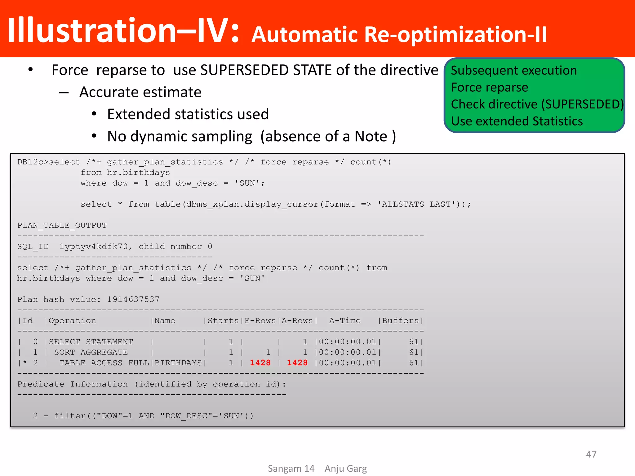 Illustration–IV: Automatic Re-optimization-II
• Force reparse to use SUPERSEDED STATE of the directive
– Accurate estimate
• Extended statistics used
• No dynamic sampling (absence of a Note )
DB12c>select /*+ gather_plan_statistics */ /* force reparse */ count(*)
from hr.birthdays
where dow = 1 and dow_desc = 'SUN';
select * from table(dbms_xplan.display_cursor(format => 'ALLSTATS LAST'));
PLAN_TABLE_OUTPUT
-----------------------------------------------------------------------------
SQL_ID 1yptyv4kdfk70, child number 0
-------------------------------------
select /*+ gather_plan_statistics */ /* force reparse */ count(*) from
hr.birthdays where dow = 1 and dow_desc = 'SUN'
Plan hash value: 1914637537
-----------------------------------------------------------------------------
|Id |Operation |Name |Starts|E-Rows|A-Rows| A-Time |Buffers|
-----------------------------------------------------------------------------
| 0 |SELECT STATEMENT | | 1 | | 1 |00:00:00.01| 61|
| 1 | SORT AGGREGATE | | 1 | 1 | 1 |00:00:00.01| 61|
|* 2 | TABLE ACCESS FULL|BIRTHDAYS| 1 | 1428 | 1428 |00:00:00.01| 61|
-----------------------------------------------------------------------------
Predicate Information (identified by operation id):
---------------------------------------------------
2 - filter(("DOW"=1 AND "DOW_DESC"='SUN'))
Sangam 14 Anju Garg
47
Subsequent execution
Force reparse
Check directive (SUPERSEDED)
Use extended Statistics
 