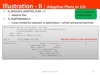 Illustration - II : Adaptive Plans in 12c
• IS_RESOLVED_ADAPTIVE_PLAN = Y
– Adaptive Plan
• IS_REOPTIMIZABLE=Y
– Cursor ma...