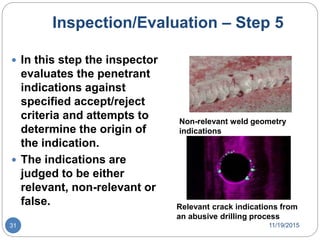 Inspection/Evaluation – Step 5
 In this step the inspector
evaluates the penetrant
indications against
specified accept/reject
criteria and attempts to
determine the origin of
the indication.
 The indications are
judged to be either
relevant, non-relevant or
false. Relevant crack indications from
an abusive drilling process
Non-relevant weld geometry
indications
11/19/201531
 