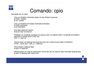 Comando: cpioIlustração de um caso:
Crie um diretório chamado testes no seu diretório pessoal:
$ mkdir ~/testes
$ cd ~/testes
Crie um diretório em testes chamado exemplos:
$ mkdir exemplos
$ cd exemplos
Crie dois arquivos vazios:
$ touch arq1.txt arq2.txt
Coloque um conteúdo qualquer no arquivo arq1.txt (abaixo listei o contéudo do diretório
pessoal e mandei para o arq1.txt):
$ ls ~/ > arq1.txt
Vamos fazer um backup dos arquivos arq1.txt e arq2.txt que estão no diretório:
$ find . -name arq* | cpio -o > teste.bin
Para extrair o backup faça:
$ cpio -iF teste.bin
Restaurando um arquivo chamando memo.ben de um arquivo cpio chamado backup.cpio:
$ cpio -iF backup.cpio memo.ben
 