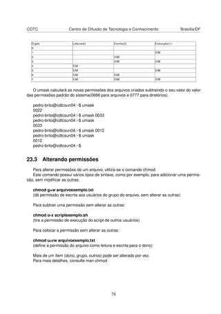 CDTC Centro de Difusão de Tecnologia e Conhecimento Brasília/DF
O umask calculará as novas permissões dos arquivos criados subtraindo o seu valor do valor
das permissões padrão do sistema(0666 para arquivos e 0777 para diretórios).
pedro-brito@cdtcsun04:~$ umask
0022
pedro-brito@cdtcsun04:~$ umask 0033
pedro-brito@cdtcsun04:~$ umask
0033
pedro-brito@cdtcsun04:~$ umask 0012
pedro-brito@cdtcsun04:~$ umask
0012
pedro-brito@cdtcsun04:~$
23.3 Alterando permissões
Para alterar permissões de um arquivo, utiliza-se o comando chmod.
Este comando possui vários tipos de sintaxe, como por exemplo, para adicionar uma permis-
são, sem modiﬁcar as outras:
chmod g+w arquivoexemplo.txt
(dá permissão de escrita aos usuários do grupo do arquivo, sem alterar as outras)
Para subtrair uma permissão sem alterar as outras:
chmod o-x scriptexemplo.sh
(tira a permissão de execução do script de outros usuários)
Para colocar a permissão sem alterar as outras:
chmod u=rw arquivoexemplo.txt
(deﬁne a permissão do arquivo como leitura e escrita para o dono)
Mais de um ítem (dono, grupo, outros) pode ser alterado por vez.
Para mais detalhes, consulte man chmod
76
 