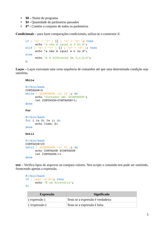 •   $0 – Nome do programa
   •   $# - Quantidade de parâmetros passados
   •   $* - Contém o conjunto de todos os parâmetros

Condicionais – para fazer comparações condicionais, utiliza-se o construtor if.

       if [ "a" = "3" ] || [ "a" = "b" ]; then
             echo "a não é igual a 3 ou b";
       elif [ "a" = "c" ] || [ "a" = "d" ]; then
             echo "a não é igual a c ou d";
       else
             echo "A é diferente de 3,c,b,d";
       fi

Laços – Laços executam uma certa sequência de comandos até que uma determinada condição seja
satisfeita.

       While

       #!/bin/bash 
       CONTADOR=0
       while [ $CONTADOR ­lt 10 ]; do
             echo "Contador em: $CONTADOR";
             let CONTADOR=CONTADOR+1; 
       done

       For

       #!/bin/bash
       for i in $( ls ); do
             echo item: $i
       done

       Until

       #!/bin/bash 
       CONTADOR=20
       until [ $CONTADOR ­lt 10 ]; do
             echo CONTADOR $CONTADOR
             let CONTADOR­=1
       done

test – Verifica tipos de arquivos ou compara valores. Nos scripts o comando test pode ser omitindo,
fornecendo apenas a expressão.

       #!/bin/bash
       if ( test ­d $1); then
             echo “É um diretório”;
       fi

                    Expressão                              Significado
            ( expressão )              Testa se a expressão é verdadeira
            ( !expressão )             Testa se a expressão é falsa

                                                                                                 5
 