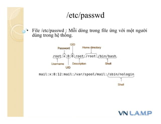 /etc/passwd
• File /etc/passwd : Mỗi dòng trong file ứng với một người
dùng trong hệ thống.
 