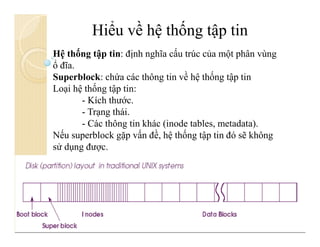 Hiểu về hệ thống tập tin
Hệ thống tập tin: định nghĩa cấu trúc của một phân vùng
ổ đĩa.
Superblock: chứa các thông tin về hệ thống tập tin
Loại hệ thống tập tin:
- Kích thước.
- Trạng thái.
- Các thông tin khác (inode tables, metadata).
Nếu superblock gặp vấn đề, hệ thống tập tin đó sẽ không
sử dụng được.
 