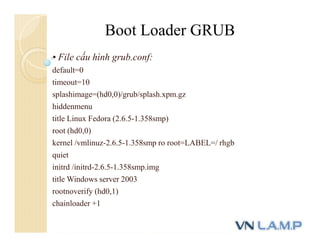 • File cấu hình grub.conf:
default=0
timeout=10
splashimage=(hd0,0)/grub/splash.xpm.gz
hiddenmenu
title Linux Fedora (2.6.5-1.358smp)
root (hd0,0)
kernel /vmlinuz-2.6.5-1.358smp ro root=LABEL=/ rhgb
quiet
initrd /initrd-2.6.5-1.358smp.img
title Windows server 2003
rootnoverify (hd0,1)
chainloader +1
Boot Loader GRUB
 