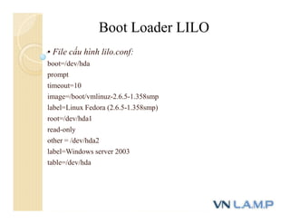 • File cấu hình lilo.conf:
boot=/dev/hda
prompt
timeout=10
image=/boot/vmlinuz-2.6.5-1.358smp
label=Linux Fedora (2.6.5-1.358smp)
root=/dev/hda1
read-only
other = /dev/hda2
label=Windows server 2003
table=/dev/hda
Boot Loader LILO
 