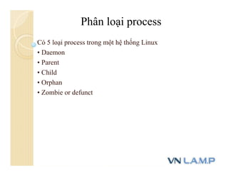 Có 5 loại process trong một hệ thống Linux
• Daemon
• Parent
• Child
• Orphan
• Zombie or defunct
Phân loại process
 