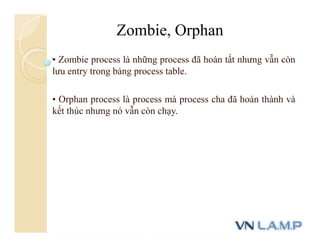 • Zombie process là những process đã hoàn tất nhưng vẫn còn
lưu entry trong bảng process table.
• Orphan process là process mà process cha đã hoàn thành và
kết thúc nhưng nó vẫn còn chạy.
Zombie, Orphan
 