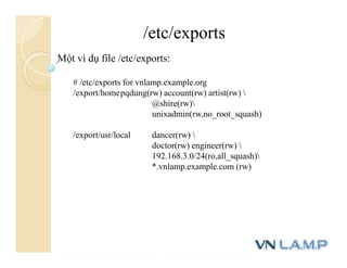 /etc/exports
Một ví dụ file /etc/exports:
# /etc/exports for vnlamp.example.org
/export/homepqdung(rw) account(rw) artist(rw) 
@shire(rw)
unixadmin(rw,no_root_squash)
/export/usr/local dancer(rw) 
doctor(rw) engineer(rw) 
192.168.3.0/24(ro,all_squash)
*.vnlamp.example.com (rw)
 