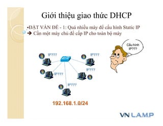 Giới thiệu giao thức DHCP
ĐẶT VẤN ĐỀ - 1: Quá nhiều máy để cấu hình Static IP
 Cần một máy chủ để cấp IP cho toàn bộ máy
 