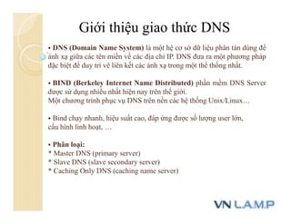 Giới thiệu giao thức DNS
 DNS (Domain Name System) là một hệ cơ sở dữ liệu phân tán dùng để
ánh xạ giữa các tên miền về các địa chỉ IP. DNS đưa ra một phương pháp
đặc biệt để duy trì vê liên kết các ánh xạ trong một thể thống nhất.
 BIND (Berkeley Internet Name Distributed) phần mềm DNS Server
được sử dụng nhiều nhất hiện nay trên thế giới.
Một chương trình phục vụ DNS trên nền các hệ thống Unix/Linux…
 Bind chạy nhanh, hiệu suất cao, đáp ứng được số lượng user lớn,
cấu hình linh hoạt, …
 Phân loại:
* Master DNS (primary server)
* Slave DNS (slave secondary server)
* Caching Only DNS (caching name server)
 