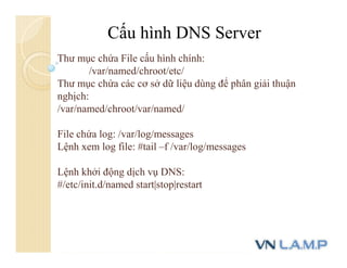 Cấu hình DNS Server
Thư mục chứa File cấu hình chính:
/var/named/chroot/etc/
Thư mục chứa các cơ sở dữ liệu dùng để phân giải thuận
nghịch:
/var/named/chroot/var/named/
File chứa log: /var/log/messages
Lệnh xem log file: #tail –f /var/log/messages
Lệnh khởi động dịch vụ DNS:
#/etc/init.d/named start|stop|restart
 