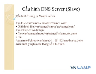Cấu hình DNS Server (Slave)
Cấu hình Tương tự Master Server
Tạo File /var/named/chroot/etc/named.conf
 Giải thích file /var/named/chroot/etc/named.conf
Tạo 2 File cơ sở dữ liệu:
 file /var/named/chroot/var/named/vnlamp.net.zone
 file
/var/named/chroot/var/named/1.168.192.inaddr.arpa.zone
Giải thích ý nghĩa các thông số 2 file trên.
 