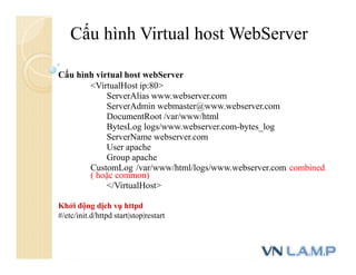 Cấu hình Virtual host WebServer
Cấu hình virtual host webServer
<VirtualHost ip:80>
ServerAlias www.webserver.com
ServerAdmin webmaster@www.webserver.com
DocumentRoot /var/www/html
BytesLog logs/www.webserver.com-bytes_log
ServerName webserver.com
User apache
Group apache
CustomLog /var/www/html/logs/www.webserver.com combined
( hoặc common)
</VirtualHost>
Khởi động dịch vụ httpd
#/etc/init.d/httpd start|stop|restart
 