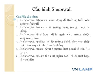 Cấu hình Shorewall
Các File cấu hình:
1. /etc/shorewall/shorewall.conf: dùng để thiết lập biến toàn
cục cho firewall.
2. /etc/shorewall/zones: chia những vùng mạng trong hệ
thống.
3. /etc/shorewall/interfaces: định nghĩa card mạng thuộc
vùng mạng nào.
4. /etc/shorewall/policy: áp đặt những chính sách cho phép
hoặc cấm truy cập cho toàn hệ thống.
5. /etc/shorewall/rules: Những trường hợp ngoại lệ của file
policy.
6. /etc/shorewall/masq: file định nghĩa NAT nhiều-một hoặc
nhiều-nhiều.
 