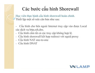 Các bước cấu hình Shorewall
Học viên thực hành cấu hình shorewall hoàn chỉnh.
Thiết lập một số rule căn bản như sau:
- Cấu hình cho bên ngoài Internet truy cập vào được Local
các dịch vụ http,ssh,dns.
- Cấu hình cấm tất cả các truy cập không hợp lệ.
- Cấu hình shorewall kết hợp redirect với squid proxy
- Cấu hình NAT one-to-one
- Cấu hình DNAT
 