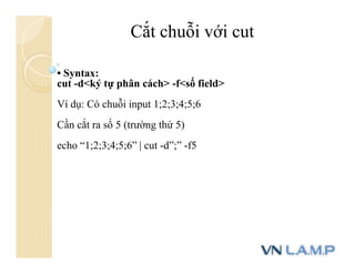 • Syntax:
cut -d<ký tự phân cách> -f<số field>
Ví dụ: Có chuỗi input 1;2;3;4;5;6
Cần cắt ra số 5 (trường thứ 5)
echo “1;2;3;4;5;6” | cut -d”;” -f5
Cắt chuỗi với cut
 