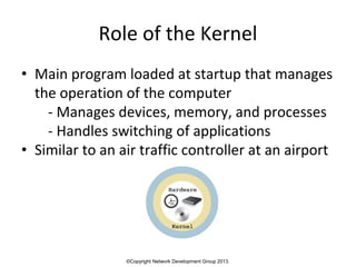 ©Copyright Network Development Group 2013.
Role of the Kernel
• Main program loaded at startup that manages
the operation of the computer
- Manages devices, memory, and processes
- Handles switching of applications
• Similar to an air traffic controller at an airport
 