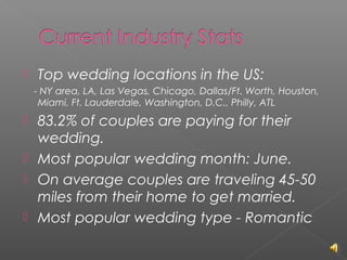 

Top wedding locations in the US:
- NY area, LA, Las Vegas, Chicago, Dallas/Ft. Worth, Houston,
Miami, Ft. Lauderdale, Washington, D.C., Philly, ATL






83.2% of couples are paying for their
wedding.
Most popular wedding month: June.
On average couples are traveling 45-50
miles from their home to get married.
Most popular wedding type - Romantic

 
