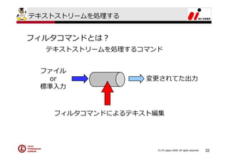 テキストストリームを処理する


フィルタコマンドとは？
  テキストストリームを処理するコマンド


 ファイル
  or             変更されてた出⼒
 標準⼊⼒



   フィルタコマンドによるテキスト編集




                   © LPI-Japan 2009. All rights reserved.   32
 