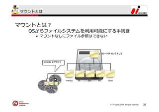 マウントとは


マウントとは？
  OSからファイルシステムを利⽤可能にする⼿続き
     マウントなしにファイル参照はできない



                                            / (ルートディレクトリ)



         /media にマウント




                        media   lib   bin   etc   sbin




                                                   © LPI-Japan 2009. All rights reserved.   36
 