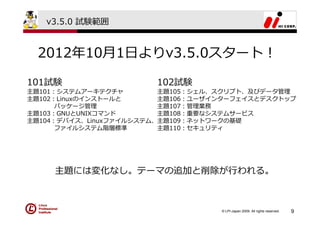 v3.5.0 試験範囲


 2012年10⽉1⽇よりv3.5.0スタート！

101試験                  102試験
主題101：システムアーキテクチャ        主題105：シェル、スクリプト、及びデータ管理
主題102：Linuxのインストールと      主題106：ユーザインターフェイスとデスクトップ
      パッケージ管理            主題107：管理業務
主題103：GNUとUNIXコマンド       主題108：重要なシステムサービス
主題104：デバイス、Linuxファイルシステム、主題109：ネットワークの基礎
      ファイルシステム階層標準       主題110：セキュリティ




     主題には変化なし。テーマの追加と削除が⾏われる。



                                   © LPI-Japan 2009. All rights reserved.   9
 