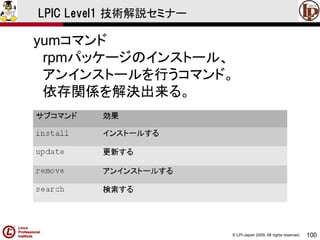© LPI-Japan 2009. All rights reserved. 
100 
LPIC Level1 技術解説セミナー 
yumコマンド 
rpmパッケージのインストール、 
アンインストールを行うコマンド。 
依存関係を解決出来る。  