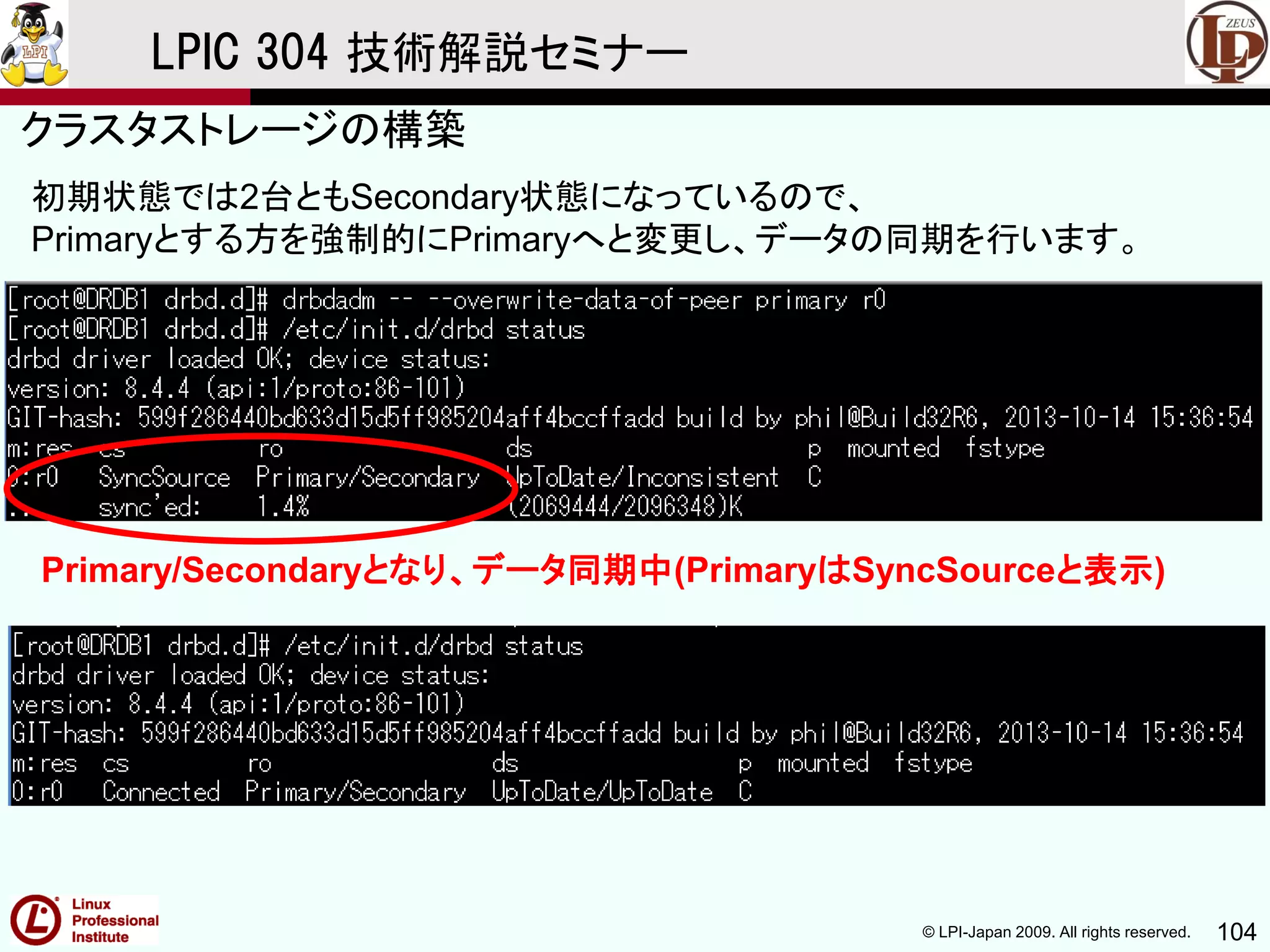 © LPI-Japan 2009. All rights reserved. 104
LPIC 304 技術解説セミナー
主題333：クラスタストレージより
初期状態では2台ともSecondary状態になっているので、
Primaryとする方を強制的にPrimaryへと変更し、データの同期を行います。
クラスタストレージの構築
Primary/Secondaryとなり、データ同期中(PrimaryはSyncSourceと表示)
 