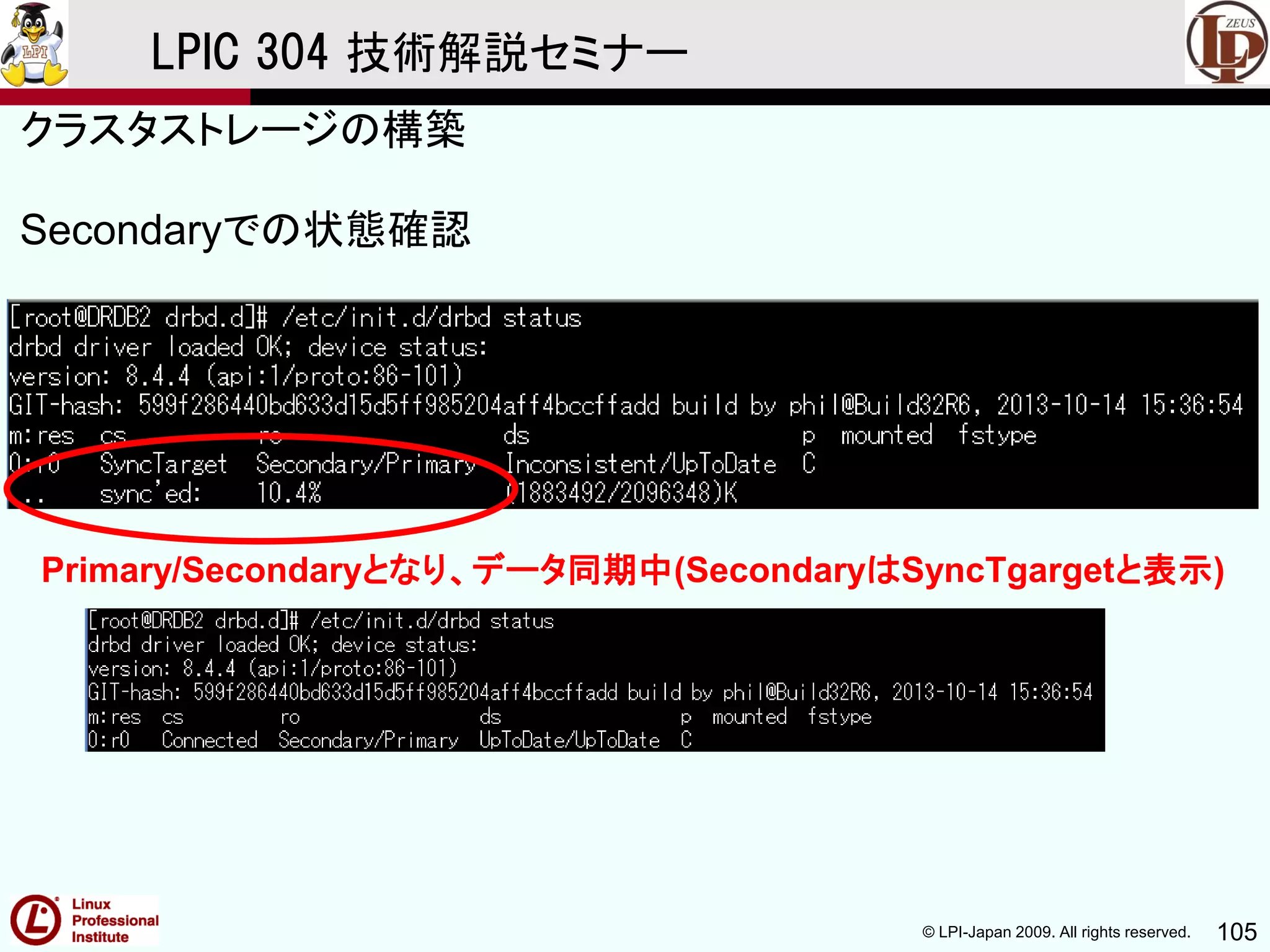 © LPI-Japan 2009. All rights reserved. 105
LPIC 304 技術解説セミナー
Secondaryでの状態確認
クラスタストレージの構築
Primary/Secondaryとなり、データ同期中(SecondaryはSyncTgargetと表示)
 